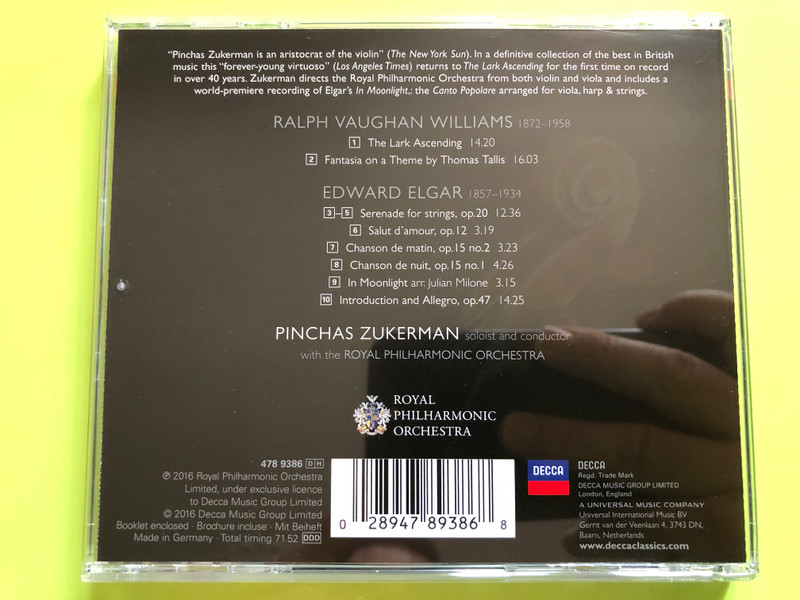 Vaughan Williams / Elgar – The Lark Ascending · Tallis Fantasia · Introduction & Allegro · In Moonlight CD (028947893868)