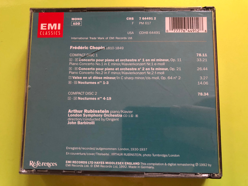 Frédéric Chopin: Piano Concertos & 19 Nocturnes – Arthur Rubinstein / John Barbirolli (2CD, EMI Classics References) (077776449128)