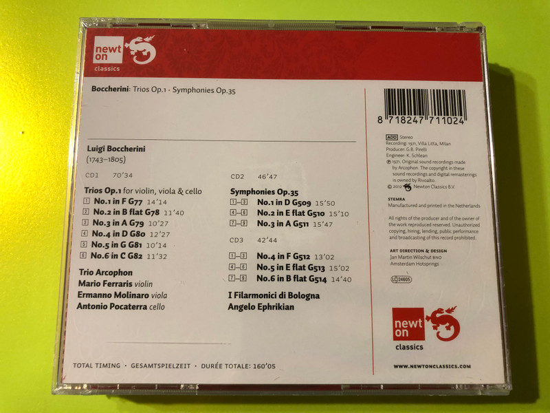 Boccherini: String Trios Op.1 & Symphonies Op.35 – Trio Arcophon / I Filarmonici di Bologna (Newton Classics 3CD Set) (8718247711024)