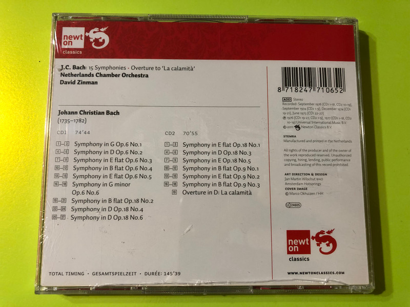 J.C. Bach – Complete Symphonies Opp.6, 9, 18 & Overture “La Calamita” (David Zinman / Newton Classics 2CD Set) (8718247710652)