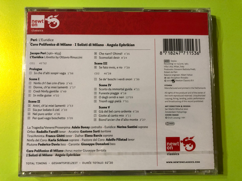 Jacopo Peri: L’Euridice (1600) – I Solisti di Milano / Coro Polifonico di Milano / Angelo Ephrikian 2xCD (8718247711536)