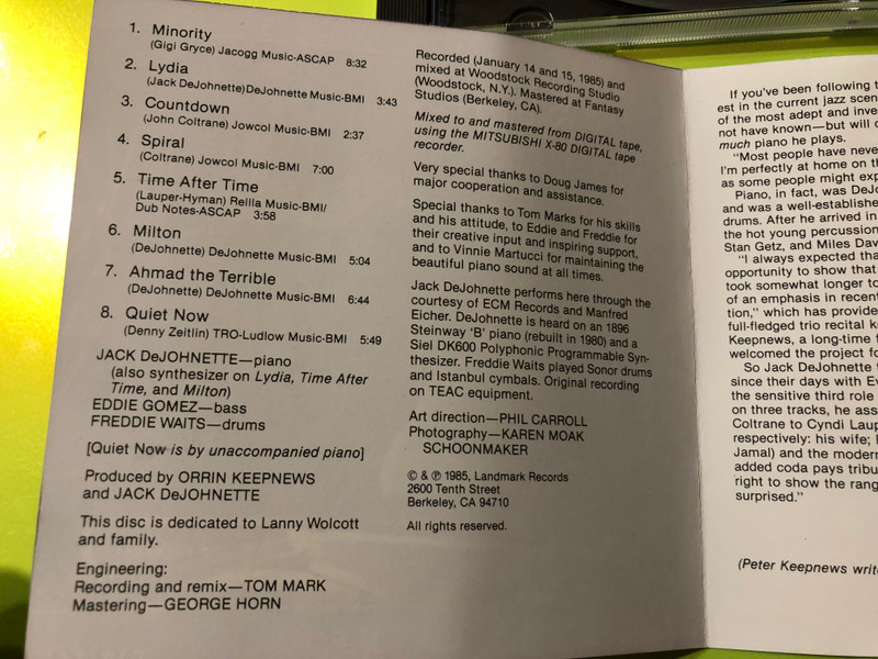 The Jack DeJohnette Piano Album – Digital Landmark Jazz (1985) CD (LCD-1504-2)
