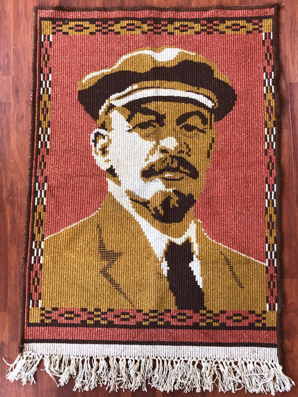 Vintage Hand-Woven Vladimir Lenin Portrait Rug: A Rare Piece of Soviet History (c. 1950s) (VladimirLeninRug003)