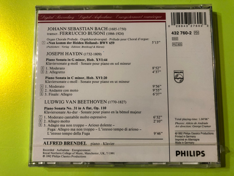 Alfred Brendel's Grand Piano Recital: Bach/Busoni, Haydn, and Beethoven CD (028943276023)