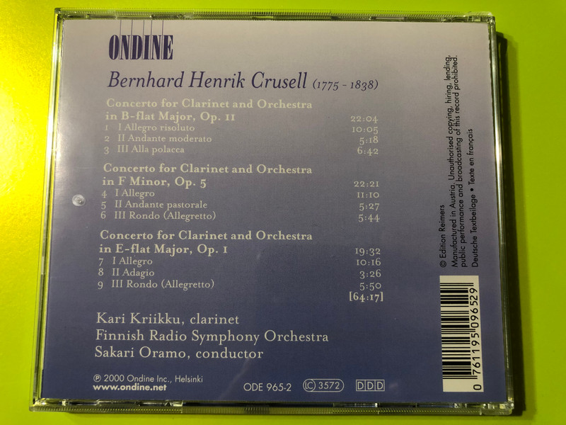 Virtuoso Clarinet Masterpieces: Bernhard Henrik Crusell's Complete Concertos CD (0761195096529)