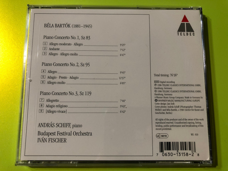 Béla Bartók: Complete Piano Concertos Nos. 1-3 with András Schiff & Iván Fischer (TELDEC CD) (706301315828)