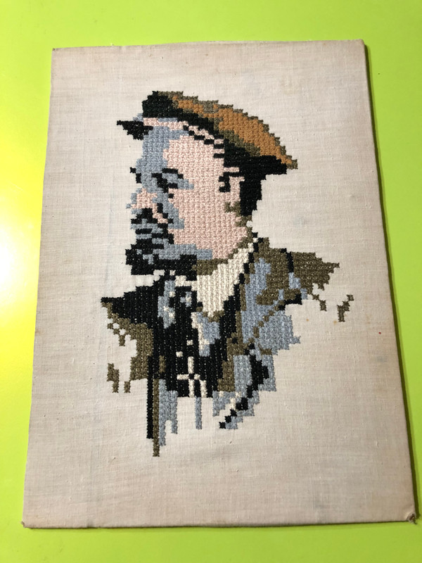 Vintage Soviet Era Vladimir Lenin Cross-Stitch Portrait - Handcrafted Embroidery on Wood Board (c. 1981) (LeninCrossStitchPortrait)