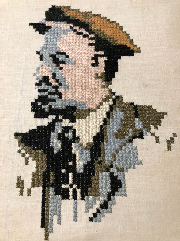 Vintage Soviet Era Vladimir Lenin Cross-Stitch Portrait - Handcrafted Embroidery on Wood Board (c. 1981) (LeninCrossStitchPortrait)