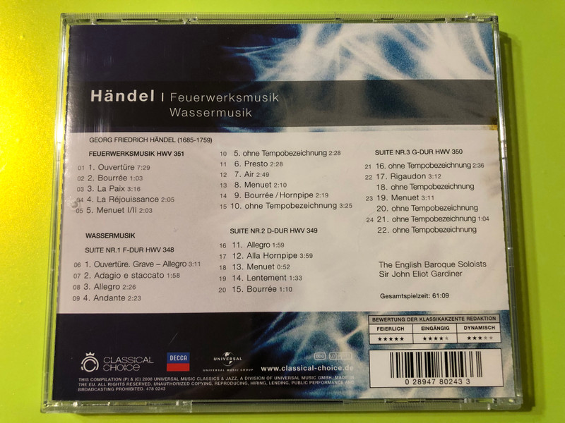Handel: Water Music & Music for the Royal Fireworks – Baroque Masterpieces (028947802433.)