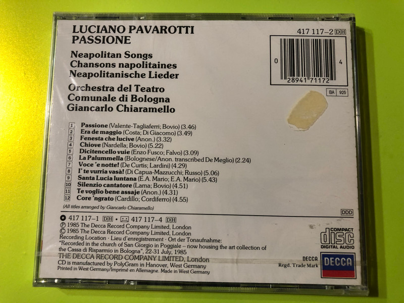 Passione: Luciano Pavarotti’s Neapolitan Songs CD (028941711724)