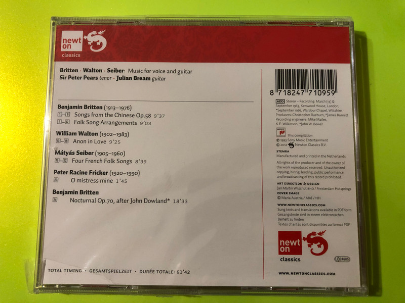 Voice & Guitar Masterpieces: Britten, Walton & Seiber by Newton Classics CD (818247710959)