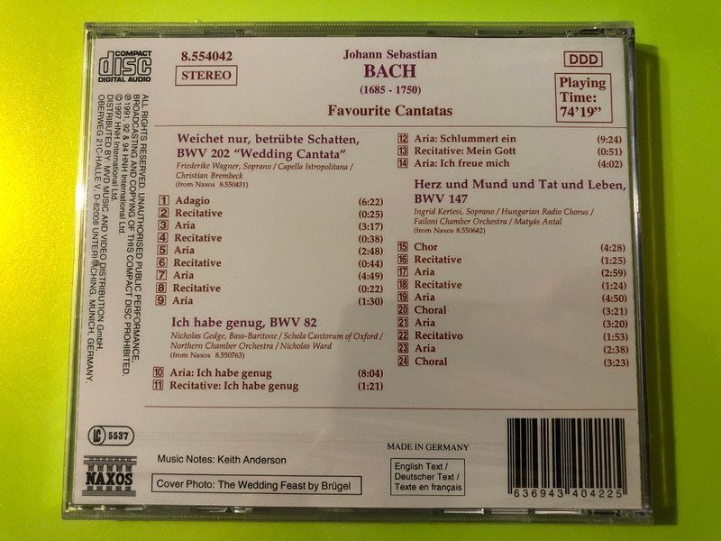 J.S. Bach: Favourite Cantatas - "Wedding", BWV 82, BWV 147 - Naxos CD (636943404225)