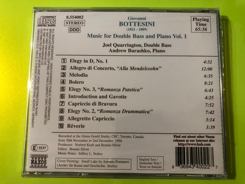 Giovanni Bottesini: Music for Double Bass and Piano Vol. 1 (Naxos) CD (636943400227)