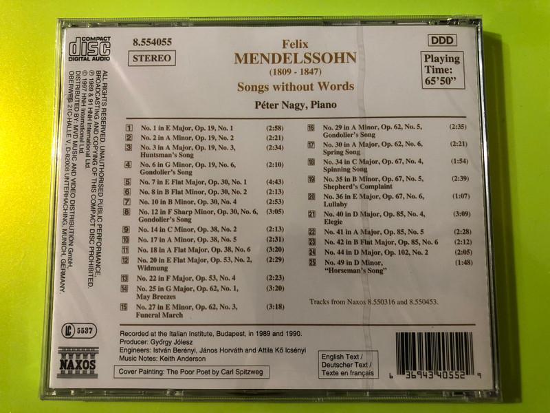 Felix Mendelssohn: Songs Without Words (Selection) – Naxos CD (636943405529) 