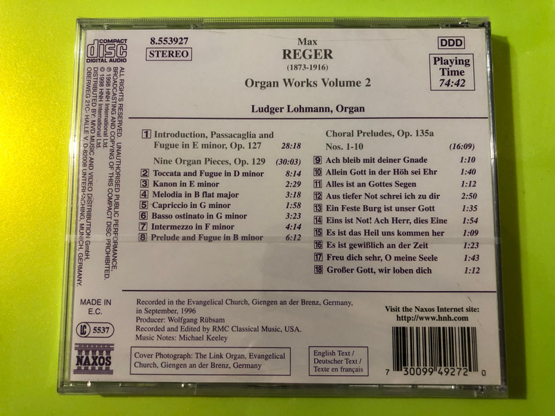 Max Reger: Organ Works Volume 2 by Naxos CD (730099492720.) 