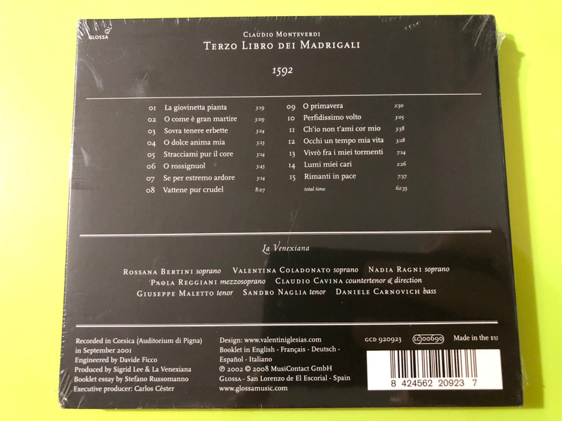 Monteverdi: Terzo Libro dei Madrigali CD by Glossa (8424562209237)