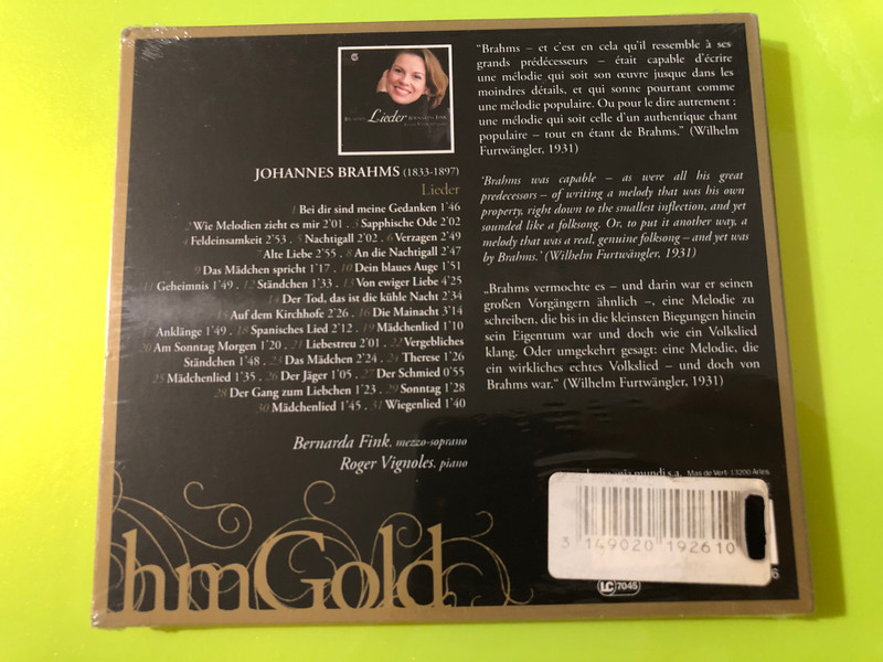 Brahms: Lieder CD by Bernarda Fink & Roger Vignoles - Harmonia Mundi (3149020192610)