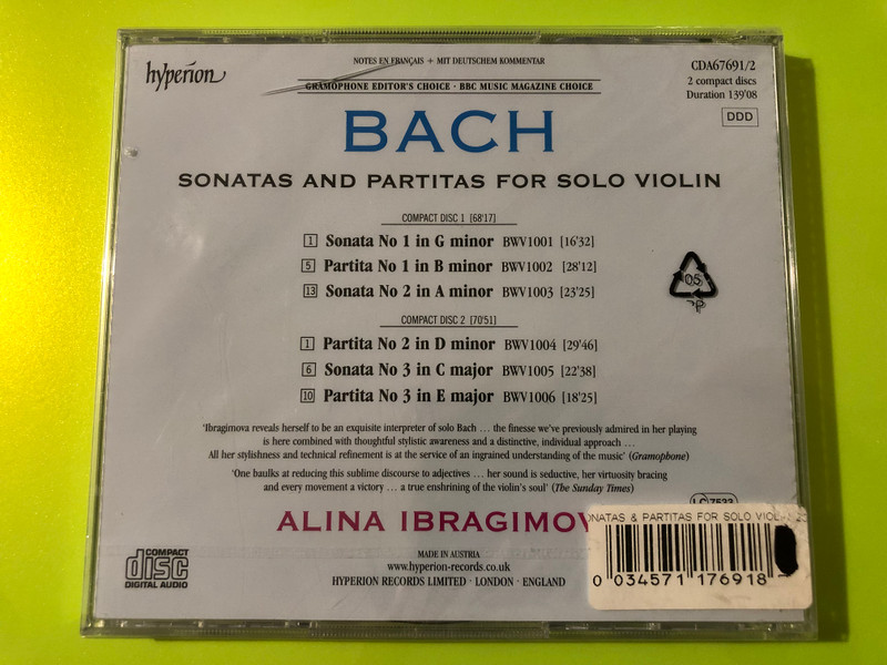 Bach: Sonatas and Partitas for Solo Violin – Alina Ibrahimova 2-CD Set by Hyperion (0034571176918)