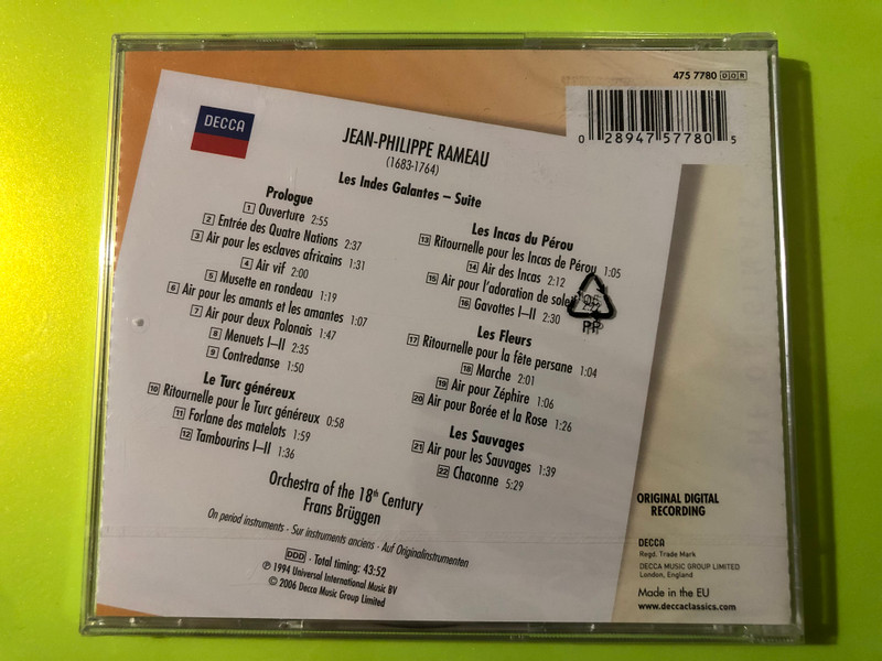 Decca Rameau Les Indes Galantes Suite Audio CD by Frans Brüggen (028947577805)