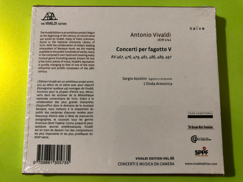 Naïve Vivaldi Concerti per fagotto V Audio CD Sergio Azzolini (0709861305735)