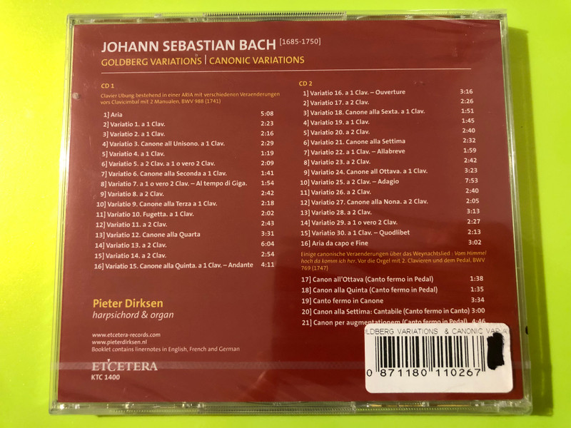 Et'cetera 2-CD Set: J.S. Bach Goldberg Variations & Canonic Variations – Pieter Dirksen (0871180110267)