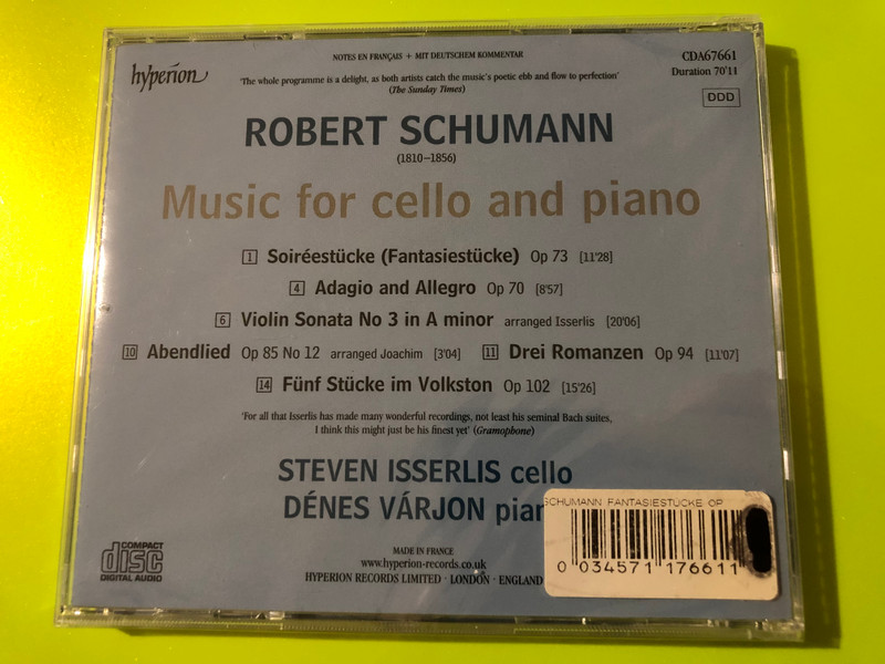 Hyperion: Robert Schumann Music for Cello and Piano CD – Steven Isserlis & Dénes Várjon (0034571176611)