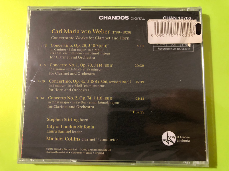 Chandos: Carl Maria von Weber Clarinet Concertos & Concertinos Music CD (0095115170229)