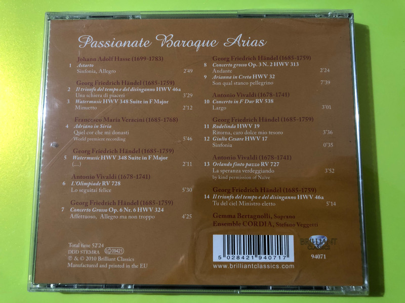 Brilliant Classics Passionate Baroque Arias CD - Gemma Bertagnolli (5028421940717)