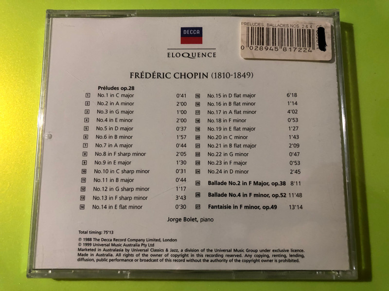 Decca Eloquence Chopin: 24 Preludes, Ballades, Fantasie CD - Jorge Bolet (028945817224)