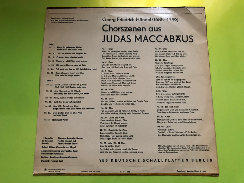 Handel Judas Maccabaeus Choral Highlights by ETERNA Vinyl Record (JudasMaccabaeus)