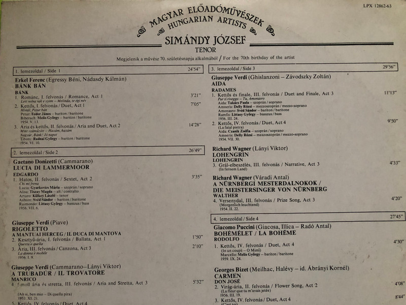 Simándy József Tenor - Hungarian Artists Hungaroton 2-LP Vinyl Set (SimándyJózsefTenor)