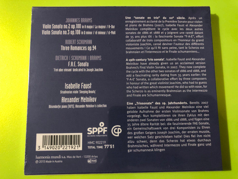 Brahms: Violin Sonatas Nos. 2 & 3 & F.A.E. Sonata – Harmonia Mundi CD (3149020221921)