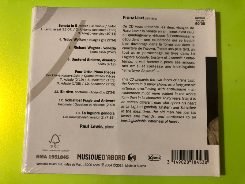 Harmonia Mundi Musique d’Abord: Liszt Sonata in B minor & Piano Works by Paul Lewis (3149020184530)