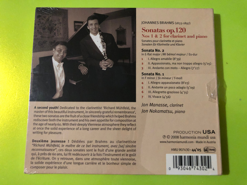 Harmonia Mundi: Brahms Sonatas op. 120 Nos 1 & 2 by Jon Manasse & Jon Nakamatsu (093046743024)