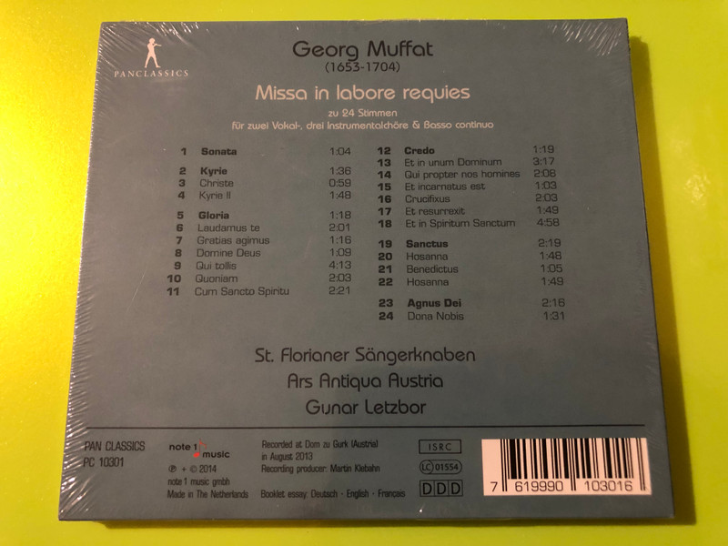 Georg Muffat: Missa in labore requies CD by Pan Classics – Monumental Baroque Mass for 24 Voices (7619990103016)