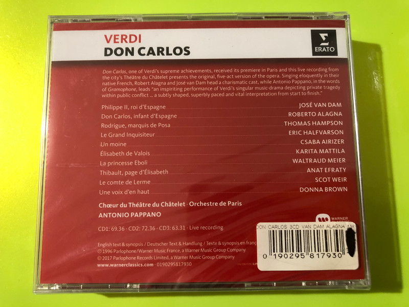Erato Verdi Don Carlos Antonio Pappano 3-CD Box Set (0190295817930)