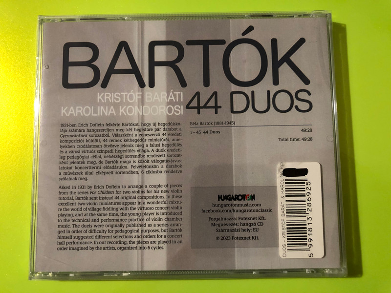 Hungaroton CD - Béla Bartók: 44 Duos for Two Violins by Kristóf Baráti & Karolina Kondorosi (5991813286925.)