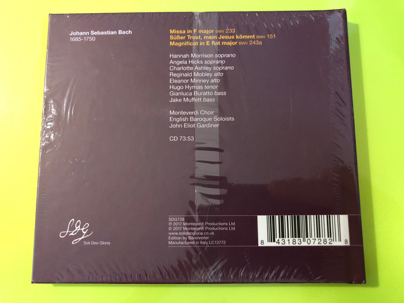 J.S. Bach Magnificat in E flat Missa in F Gardiner Soli Deo Gloria CD (843183072828)