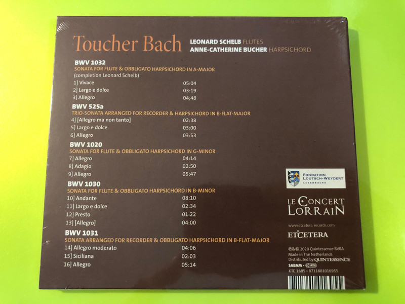 J.S. Bach Toucher Bach Flute Sonatas Leonard Schelb Etcetera CD (8711801016955)