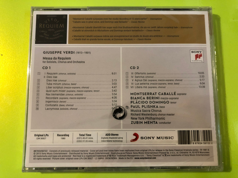 Giuseppe Verdi - Messa da Requiem Sony Classical Audio CD (887654567222)