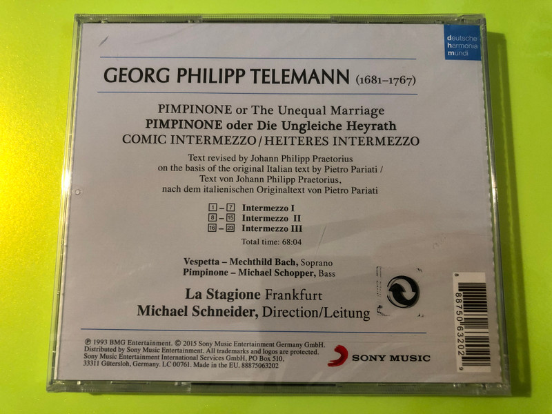 Deutsche Harmonia Mundi Telemann: Pimpinone Classical Opera CD by La Stagione Frankfurt (888750632029)