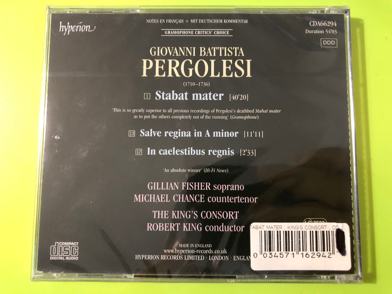Hyperion Presents: Pergolesi Stabat Mater Choral CD by The King's Consort (0034571162942)