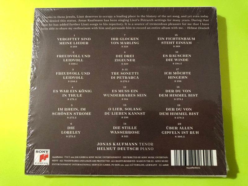 Jonas Kaufmann & Helmut Deutsch: Liszt - Freudvoll und leidvoll Sony Classical Music CD (194398926025)