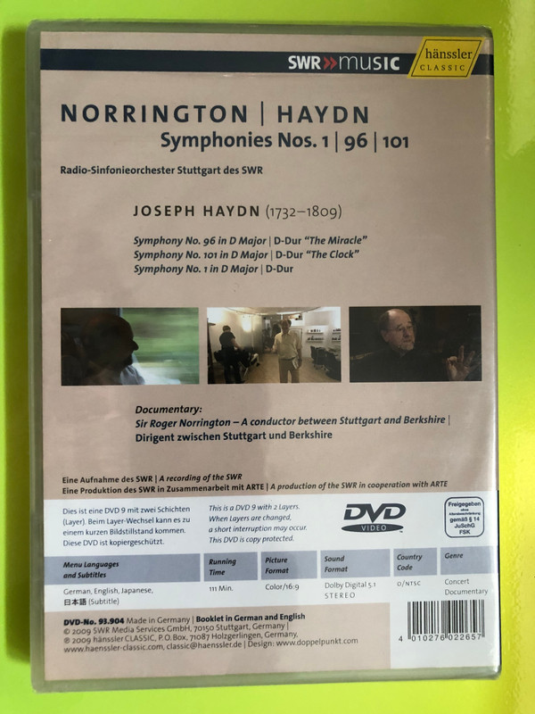 Norrington Conducts Haydn Symphonies Nos. 1, 96 & 101 DVD – Hänssler Classic Anniversary Edition (4010276022657)