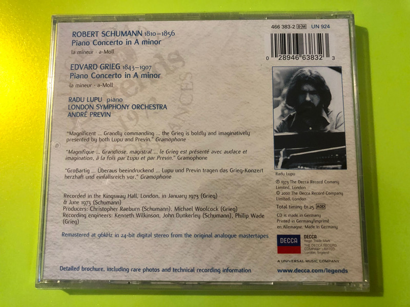 Decca Legends: Grieg & Schumann Piano Concertos — Radu Lupu / LSO / André Previn Audio CD (028946638323) 