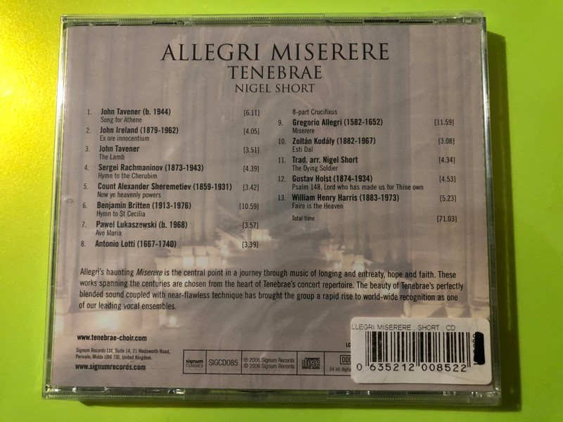 Signum Classics: Tenebrae — Allegri Miserere (Audio CD) (0635212008522) 