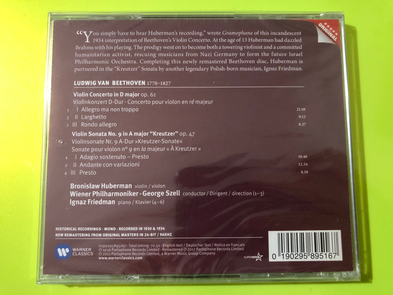Warner Classics: Bronisław Huberman — Beethoven: Violin Concerto & Kreutzer Sonata (Audio CD) (0190295895167) 