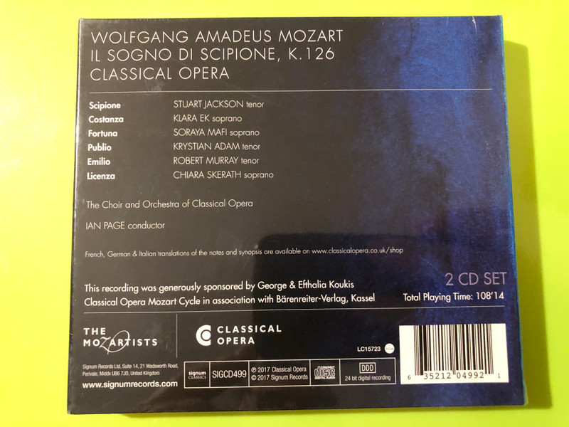 Signum Classics: Mozart — Il Sogno di Scipione, K.126 (Classical Opera, Ian Page) — 2 CD Set (635212049921) 