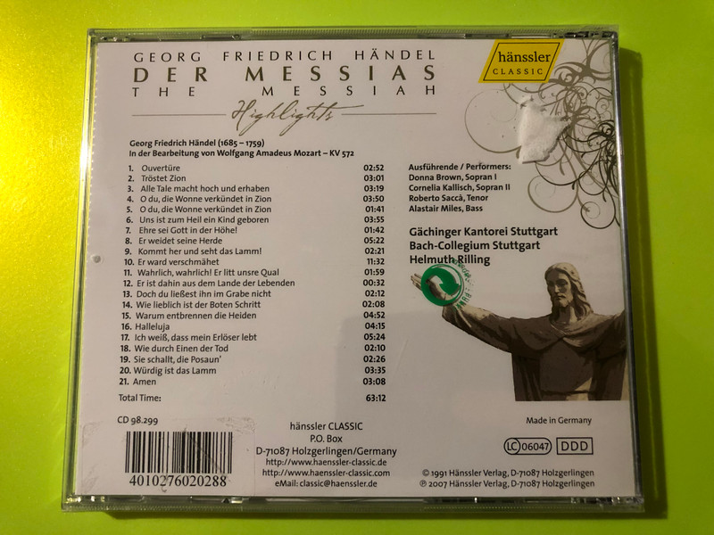 Hänssler Classic: Handel — Der Messias / The Messiah Highlights, Rilling (Audio CD) (4010276020288.) 