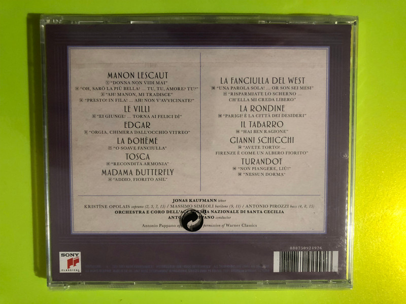 Sony Classical: Jonas Kaufmann — Nessun Dorma: The Puccini Album — Pappano (Audio CD) (888750924926.) 